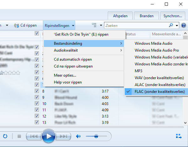 Bestandsindeling selecteren in Windows Media Player