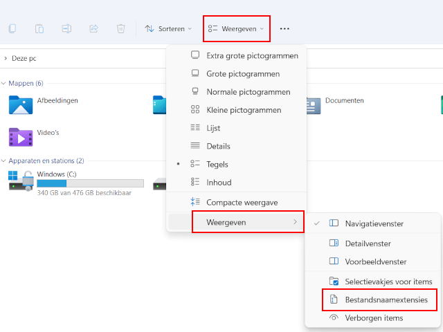 Bestandsnaamextensies weergeven in Windows 11 Verkenner
