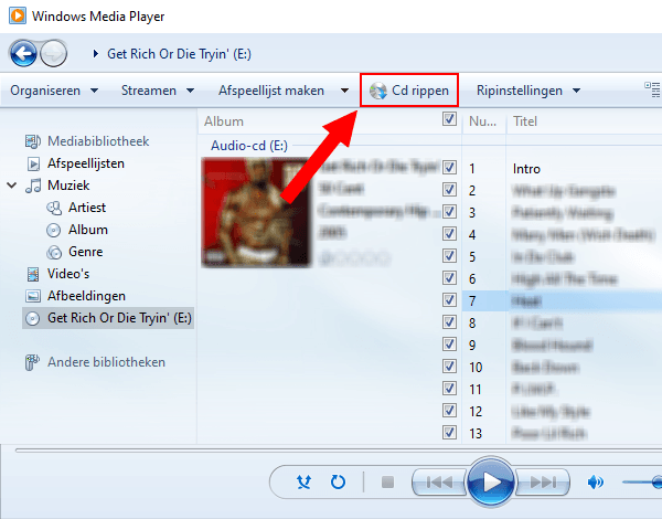CD rippen knop in Windows Media Player