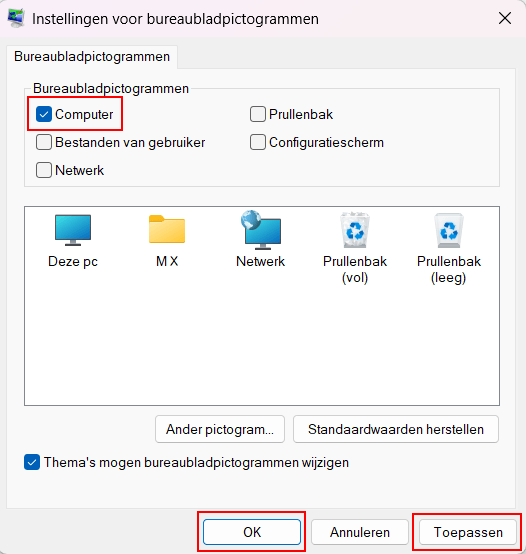 Computer pictogra, weergegeven op je bureaublad in Windows 11