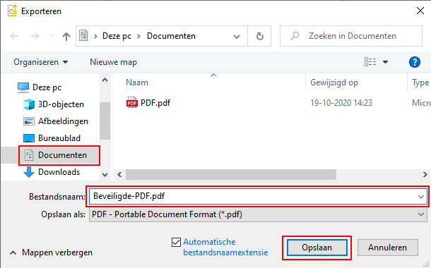 Exporteren venster in LibreOffice