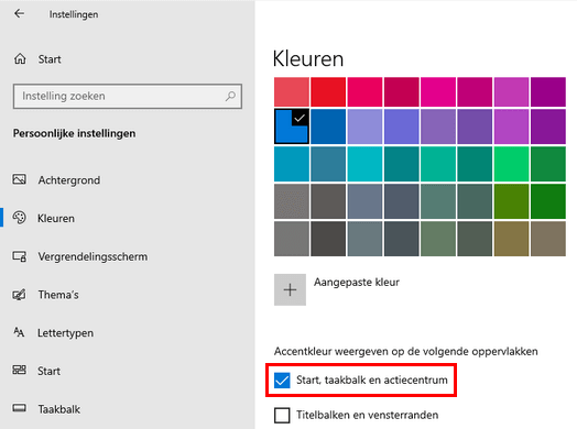 Kleur van start, taakbalk en actiecentrum veranderen in Windows 10