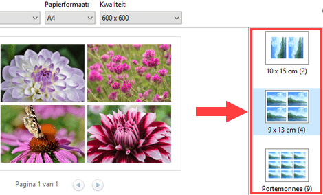 Indeling selecteren in het Afbeeldingen afdrukken venster in Windows 10
