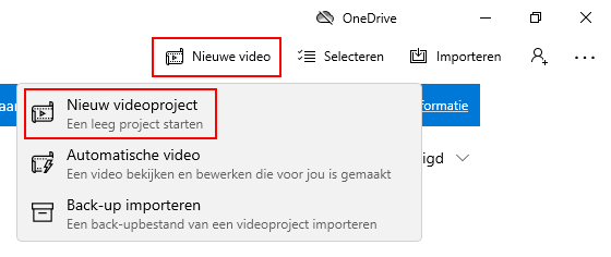 Nieuw videoproject in Windows 10 Video Editor