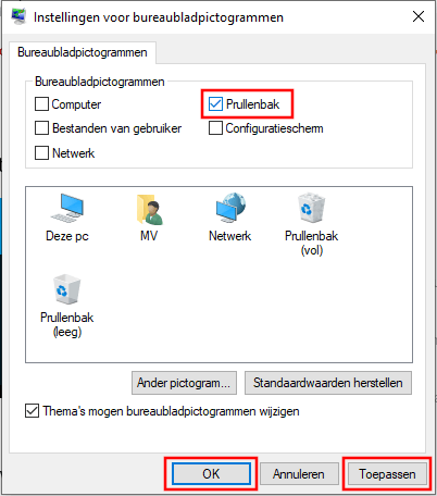 Prullenbak pictogram terugzetten op het bureaublad in Windows 10