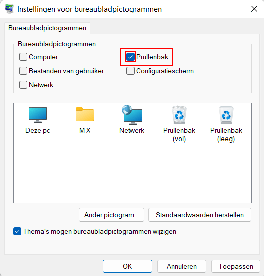 Prullenbak terugzetten op het bureaublad in Windows 11