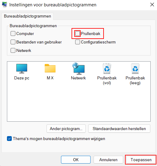 Prullenbak verwijderen van het bureaublad in Windows 11