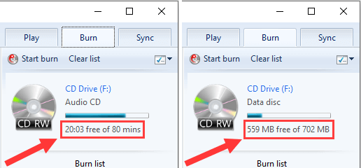Resterende tijd of bestandsgrootte op CD in Windows Media Player