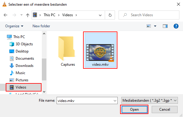 Selecteer één of meerdere bestanden venster in VLC mediaspeler