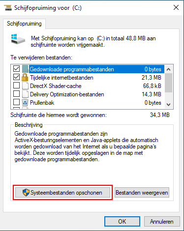 Systeembestanden opschonen knop in Schijfopruiming in Windows 10