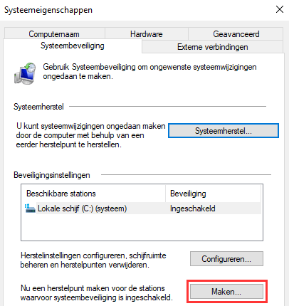 Systeemherstelpunt maken in Windows 10