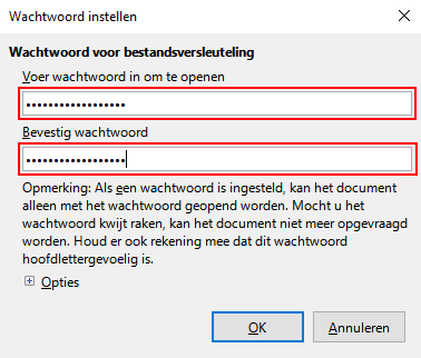 Typ een wachtwoord voor een document in LibreOffice