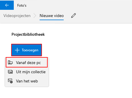 Video toevoegen knop in Windows 10 Video Editor
