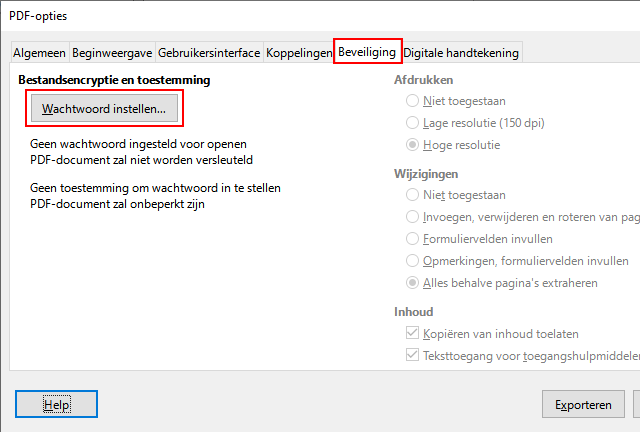 Wachtwoord instellen knop in LibreOffice