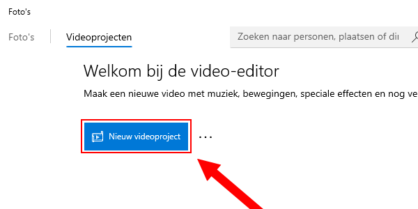 Windows 10 Video-editor nieuw videoproject knop