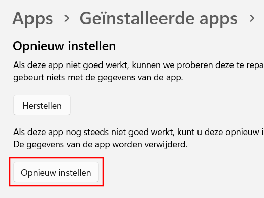 Windows 11 Opnieuw instellen knop