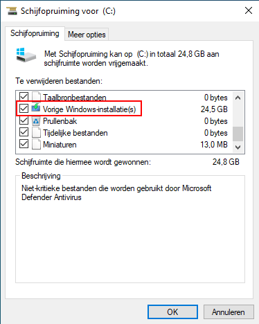 Windows.old map verwijderen met Schijfopruiming in Windows 10